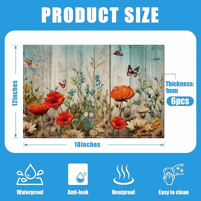 Poppy Butterfly Wood Grain Placemats Set of 6, Vintage Flower Washable Linen Place Mat Heat Resistant Non Slip Kitchen Dining Table Mats 12x18 Inch