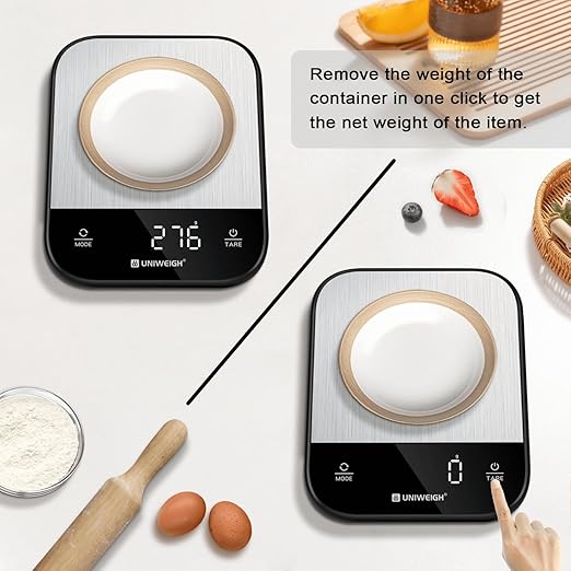 UNIWEIGH Food Scales for Kitchen,Digital Scale Grams and Ounces for Food Weight,Baking,Cooking,Meal Prep,Small Kitchen Scales with 7 Weighing Units/LED Display/Tare Function,Stainless Steel,Black