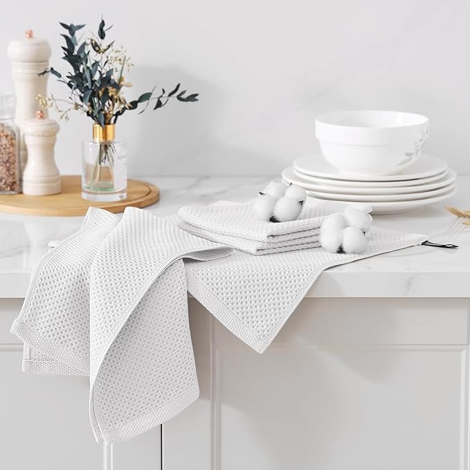 Kitinjoy 100% Cotton Kitchen Towels and Dishcloths Set, 10 Pack-13" x 28" and 12" x 12" Waffle Weave Dish Towels, Ultra Soft Absorbent Quick Drying Dish Rags, White