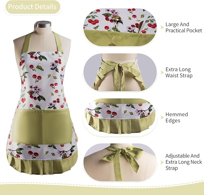 Vintage Floral Apron for Women with Functional Pockets Adjustable Neck Strap for Cooking Baking Mother's Gift