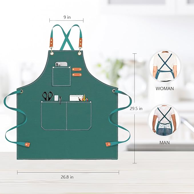 OUNLEN Chef Apron for Men Women Canvas Aprons with 3 Pockets Cross Back Resistant Work Apron for Cooking