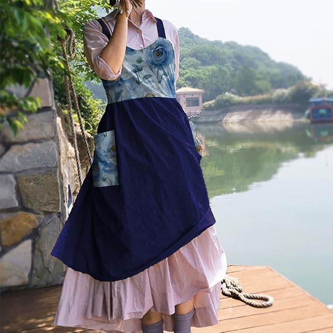 Uaussi Cotton Linen Apron Cross Back Work Apron for Women with Pockets Pinafore Dress X Cross Halter Apron for Chef Gardening