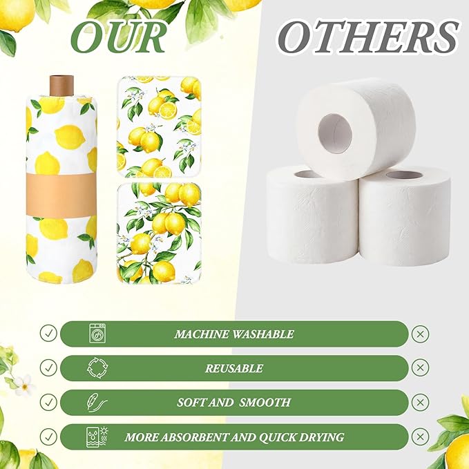 Redbaker 30 Pcs Reusable Paper Towels Rolls Towels Bulk Kitchen Washable Paperless Cloth Cotton Hand Napkins with Cardboard Reusable Napkins for Kitchen Bathroom (Lemon Style)