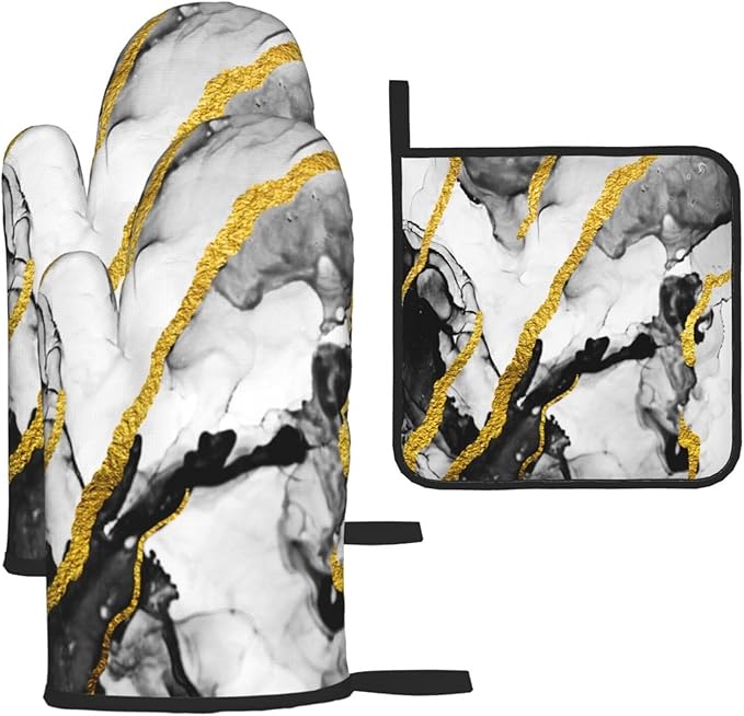 Black White Marble with Gold Stripes Oven Mitts and Pot Holders Set of 3, Non-Slip Heat Resistant Modern Abstract Art Hot Pads Kitchen Gloves for Cooking Grilling Baking, Gifts for Women, Home Decor