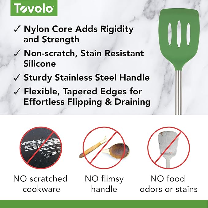 Tovolo Slotted Silicone Spatula Turner Slotted Stainless Steel Handle 10" Pesto Green Heat Resistant Non Toxic BPA Free Kitchen Utensil, Silicone Egg Pancake Flipper Metal Handle Turner for Cooking