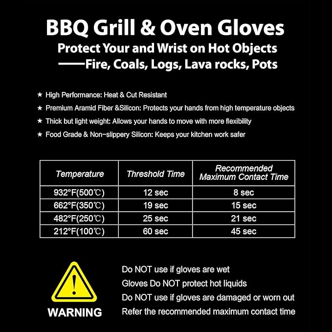 BBQ Grill Gloves Heat Resistant, 1472℉ Heat Resistance Fireproof Glove for Grilling Smoking Barbecue Oven Mitts Extreme Hot Proof Mittens for Kitchen Cooking Baking