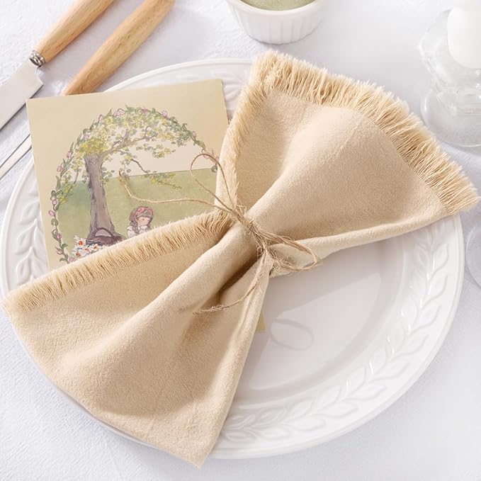 DeZerlor 6 Pack Champagne Cotton Linen Napkins with Fringe Spring Cloth Napkins Set of 6 Boho Handmade Dinner Napkins Bulk for Wedding Bridal Baby Shower Parties, 17 x 17 Inches