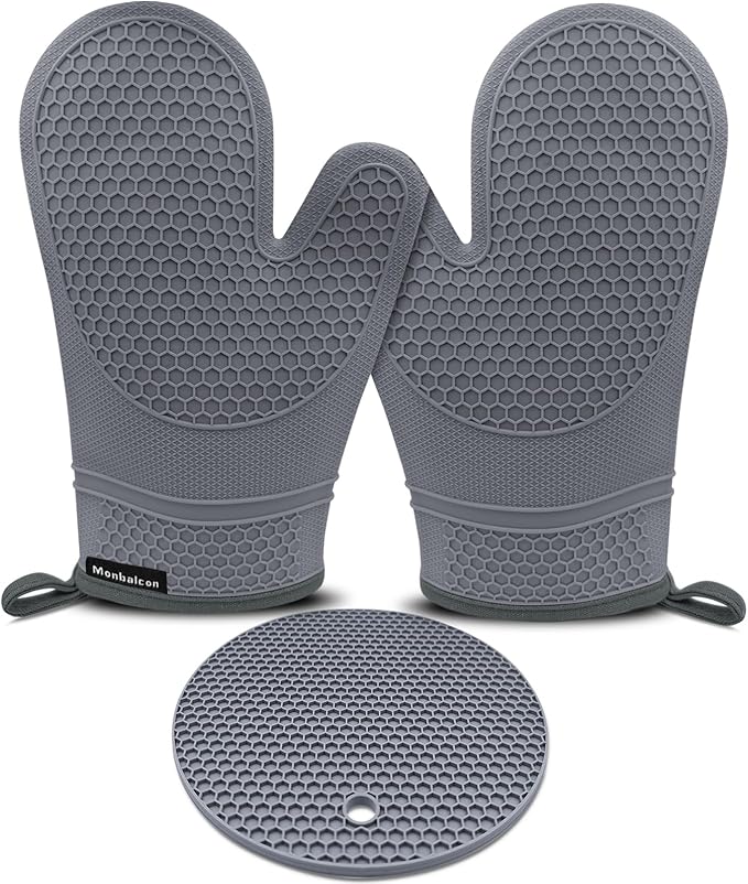 3PCS Silicone Oven Mitts and Pot Holders Sets for Kitchen, Oven Gloves Heat Resistant 500°F, Non-Slip Silicone Potholder 7.1”, Thick Oven Mitts & Thick Hot Pads Protection for Cooking, Grey
