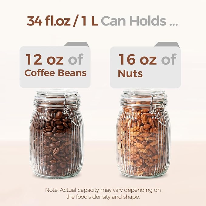 ComSaf 34oz Ribbed Glass Jars with Airtight Latch Lids - Set of 3 Farmhouse Vintage Canisters for Coffee, Sourdough Starter, Dry Goods & Fermenting, Pantry Organization & Kitchen Decor