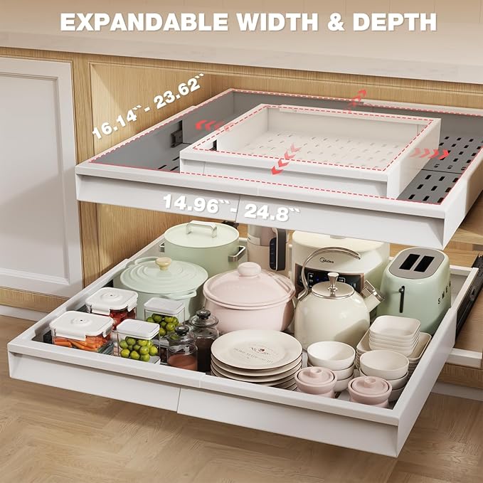 Seinloes 2 Pack Pull Out Cabinet Organizer With Raising Pad for Framed Cabinets,Expandable Width (15"-25") and Depth (17"-24"),3 Slide Rails Slide Out Drawers with Handle,No-Drill Roll Out Shelf,White