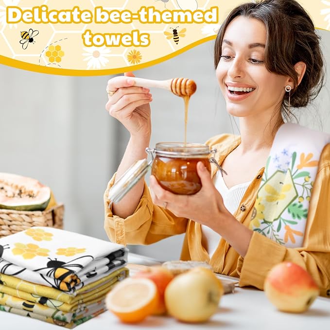 Oudain 6 Pcs Bee Kitchen Towels Honey Bee Kitchen Decor 15.8 x 23.6 Inches Dish Hand Tea Towels for Bathroom Home Housewarming Gifts
