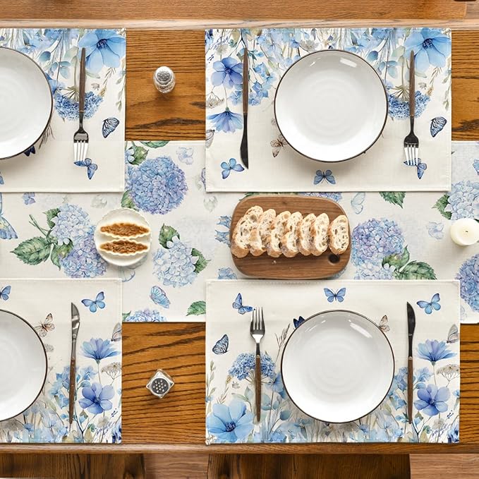 Artoid Mode Hydrangea Wildflowers Spring Placemats Set of 4, 12x18 Inch Seasonal Summer Holiday Table Mats for Party Kitchen Dining Decoration