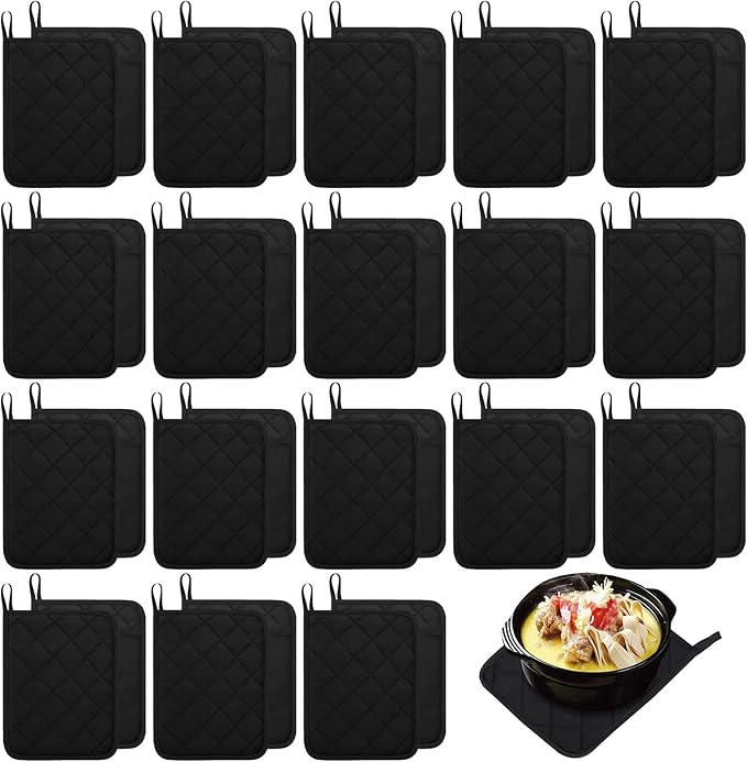 Hoolerry 20 Pieces Pot Holders with Pocket Sublimation 7x9'' Cotton Oven Pot Holders Bulk with Hanging Loops Pads for Kitchen Cook Baking (Black)
