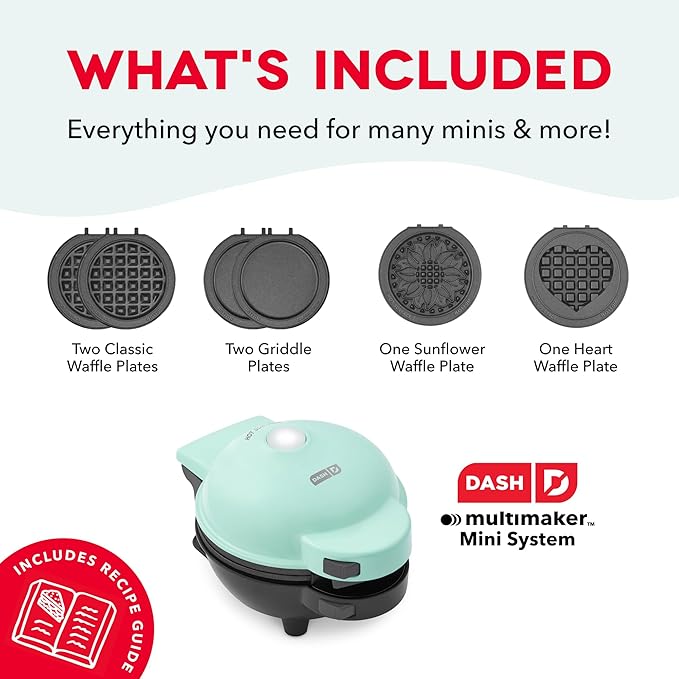 Dash MultiMaker® Mini Maker System - Compact Waffle Maker for Family Breakfasts - Removable Griddle Plates & nonstick surface - 6 Plates & Storage Case - Aqua