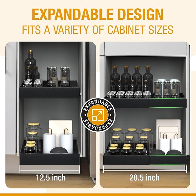 Expandable Pull Out Drawers for Cabinets (Black): Kitchen and Pantry Organizer, Sliding Cabinet Organizer with Adhesive, Under Sink and Pots Storage, 12.5"-20.5". Adjustable Shelf Solution