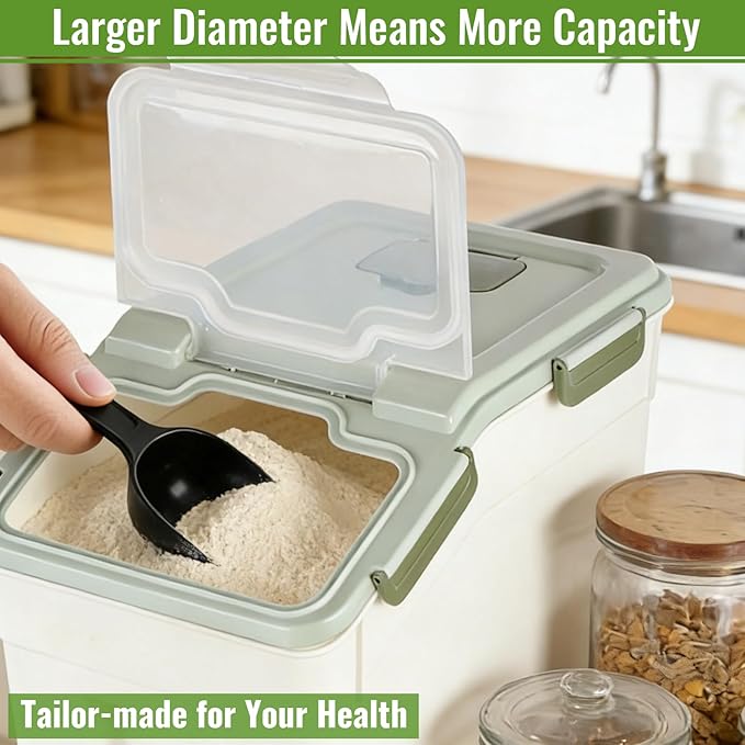 2 Pack Rice Container 50 lbs Large Bulk Flour Sugar Storage Holdhouse Plastic Grain Cereal Dry Goods Bin with Spoon and Measuring Cup for Kitchen Pantry Organization - Green