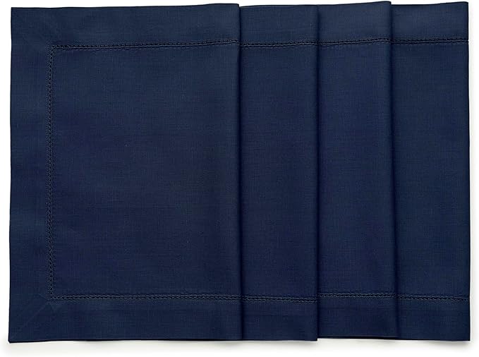 Solino Home Navy Blue Placemats Set of 4 - Cotton Linen Hemstitch Placemats 14 x 19 Inch for Spring, Summer, Mothers Day, Memorial Day