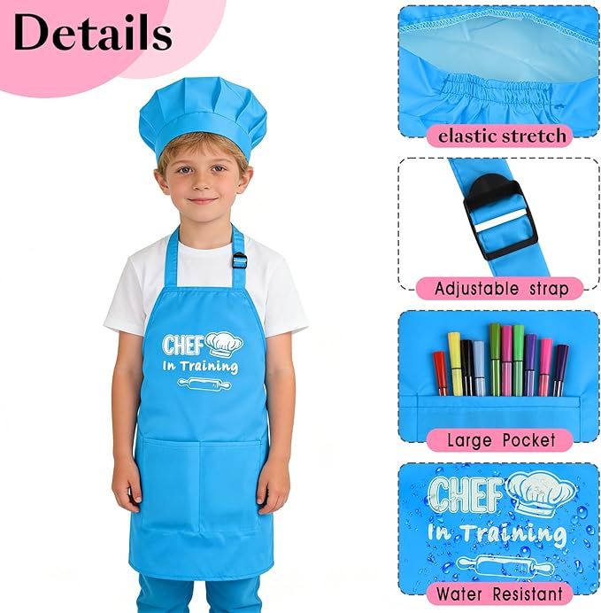 Kids Apron and Chef Hat Set Adjustable Child Aprons with 2 Large Pockets for Girls Boys Cooking Baking Painting Gift