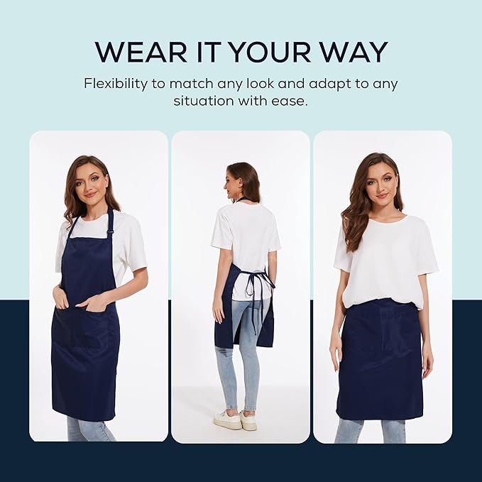 Will Well Kitchen Apron for Men and Women - 33" x 27" Oil-and-Water-Resistant with Adjustable Neck Strap and 38" Waist Ties for a Snug Fit, Lightweight with 2 Front Pockets - 1-Pack, Navy