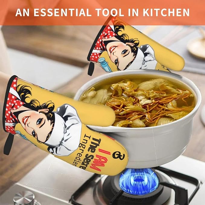 Cute Yellow Retro Chef Humorous Oven Mitts & Pot Holders Set of 3, Heat Resistant Funny Kitchen Gloves and Hot Pads for Cooking Baking Grilling, Gifts for Women Cooking Lovers, Home Decor, Yellow Red