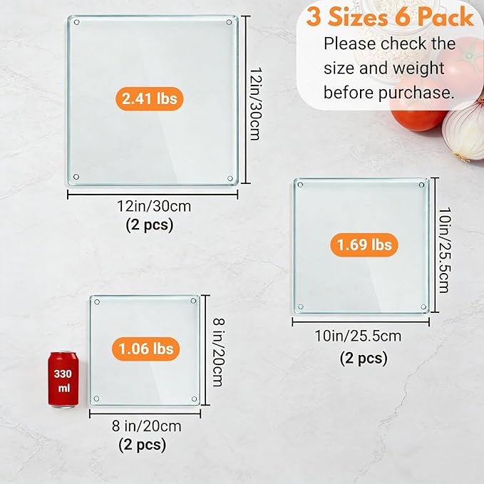 Hacaroa 6 Pack Tempered Glass Cutting Board for Kitchen, 8/10/12 Inch Square Chopping Board with Rubber Feet, Clear Non-slip Countertop Protector Pallette Mat, Heat Resistant, Easy to Clean, 3 Sizes