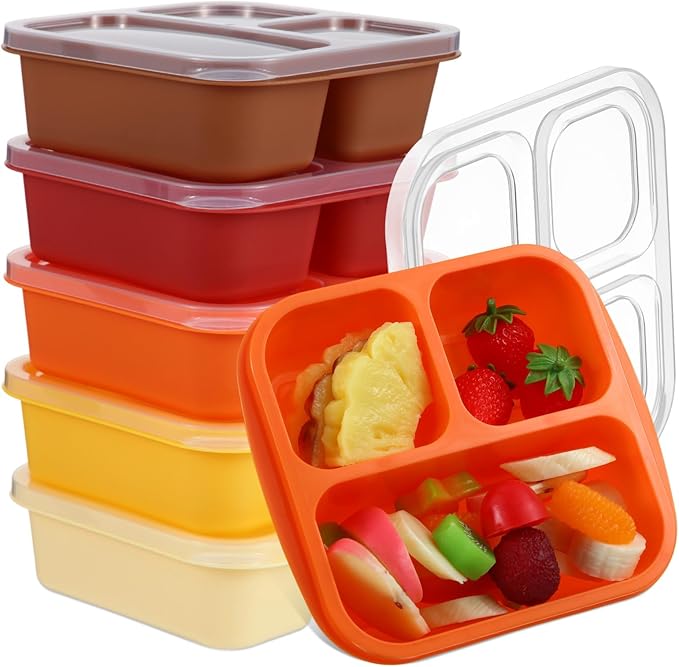 Honeydak 5 Pack Snack Containers 3 Compartment Bento Snack Boxes Divided Meal Prep Containers with Lids Reusable Adults Lunch Food Storage Box for School Work Travel(Fall Color)