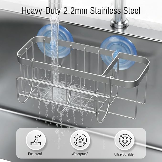 3-in-1 Kitchen Sink Caddy Organizer with Sponge Holder, Brush Holder, Extra Rack for Scrubber, Sink Stopper, Dish Cloth Hanger - Strong Dual Suction Cup, 2.0mm SUS304 Stainless Steel - Silver