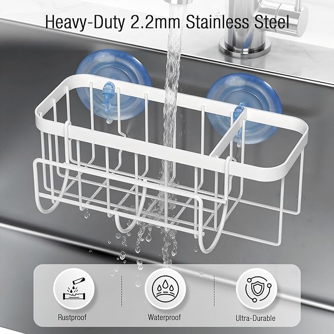 3-in-1 Kitchen Sink Caddy Organizer with Sponge Holder, Brush Holder, Extra Rack for Scrubber, Sink Stopper, Dish Cloth Hanger - Strong Dual Suction Cup, 2.0mm SUS304 Stainless Steel - White