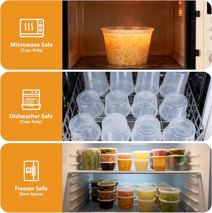 NESCCI 96 Pack (192-Piece) Deli Containers with Lids, 32/16/12/8 oz X 24 Set Each, Leak-Proof & BPA Free Airtight Takeout Plastic Food Storage Containers for Soup, Meal Prep, Microwave/Freezer Safe