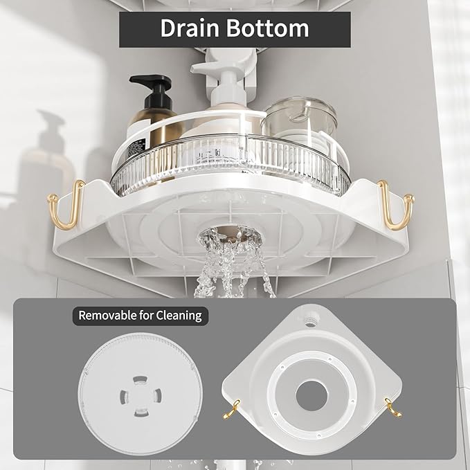 akinbas Shower Caddy Tension Pole with 4 L-Lazy Susan Organizer 360 Rotating 35-128 Inch No Drilling Floor Standing Shelves Adjustable Shower Rack for Bathroom Corner (White)