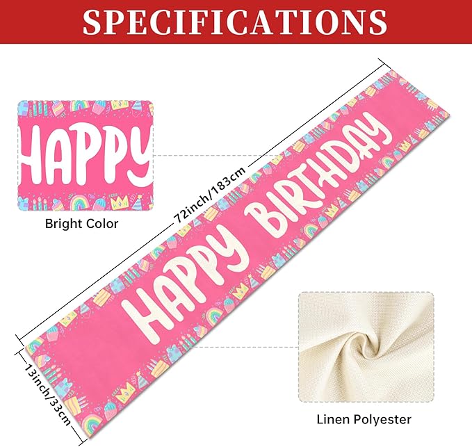 Happy Birthday Table Runner 13x72 Inch Pink Birthday Cake Box Candle Rainbow Farmhouse Polyester Linen Table Decoration for Kitchen Dinning, Indoor Outdoor Home Dinner Party (Red)
