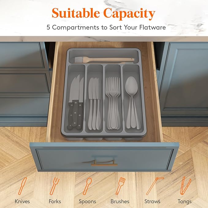 Lifewit Silverware Organizer with Lid, Covered Utensil Tray for Kitchen Drawer and Countertop, Plastic Cutlery and Flatware Storage Box for Spoons Forks Knives Holder Case, 23 x 32 cm, Gray