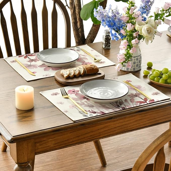 Artoid Mode Pink Florals Poppy Spring Placemats Set of 4, 12x18 Inch Seasonal Summer Holiday Table Mats for Party Kitchen Dining Decoration