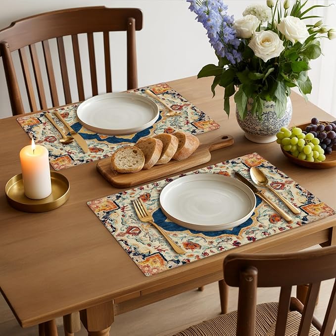 Vintage Boho Placemats Set of 4, Deep Navy Blue Warm Orange Flowers Bohemia Table Mats, Washable Heat Resistant Linen Fabric Place Mats for Kitchen Home Party Dining Decoration 12x18 Inch