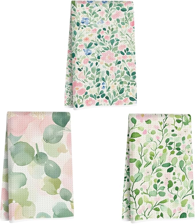 3 Pcs Watercolor Flower Checkered Kitchen Towels, Spring Summer Plant Decorative Absorbent Microfiber Dish Cloth Tea Towel, Aesthetic Waffle Soft Hand Towels for Farmhouse Home Bathroom