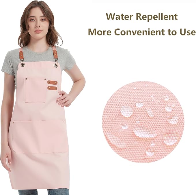 AFUN Chef Aprons for Women Men with Oversized Pockets, 12-Ounce Cotton Canvas Cross Back Water Repellent Apron (Light Pink)