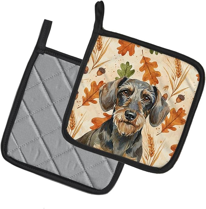 Caroline's Treasures Wirehaired Wild Boar Dachshund Heirloom Fall Pair of Pot Holders Pair 7.5x7.5 Quilted Insulated Hot Pads Decorative Kitchen Gift Made in USA