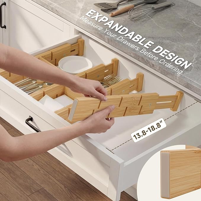 Bamboo Drawer Dividers, Expandable Kitchen Drawer Organizer, Include 8 Dividers, 8 Small Inserts and 8 Medium Inserts for Home, Office, Dressers (Short-8 Dividers)