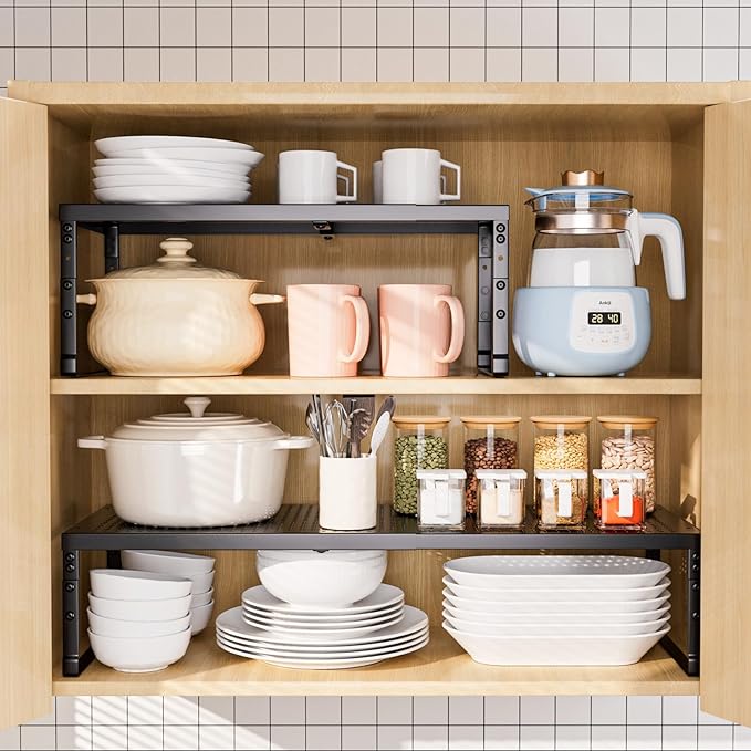Expandable Adjustable Cabinet Shelf Organizer - Stackable Metal Spice Rack for Kitchen Pantry, Countertop, Cupboard & Bathroom (1Pack/Black,Large)