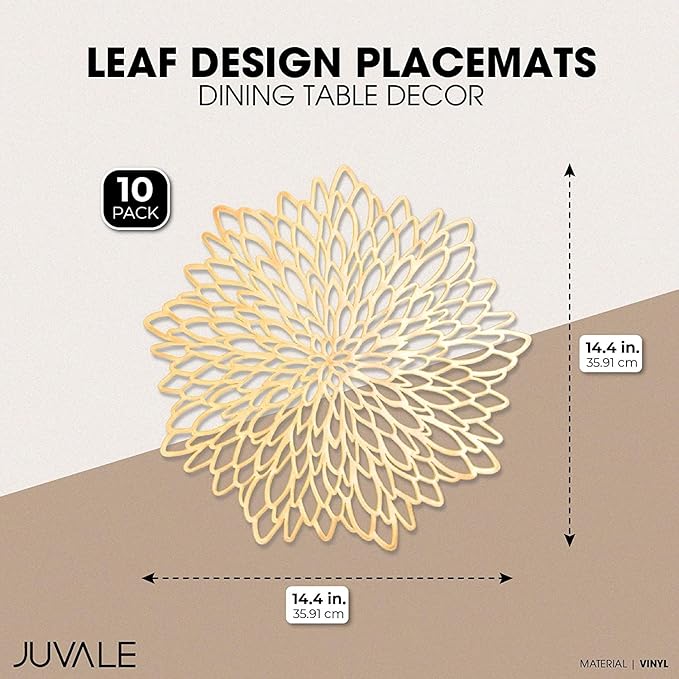 Juvale 10 Pack Gold Vinyl Placemats - 14.4" x 14.4" Round Table Mats and Plate Chargers with Leaf Design for Elegant Table Decor and Protection - Stylish Charger Plates for Events and Wedding Parties
