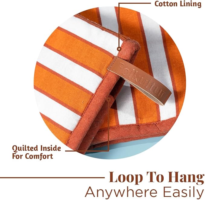 Folkulture Oven Mitts - Set of 2 (5.75"x9") | Oven Mitts with Hanging Loop for Cooking Gifts for Women, Kitchen Decor| 100% Cotton, Silicone Heat Resistant Mini Mitts - House Warming Gifts (Orange)