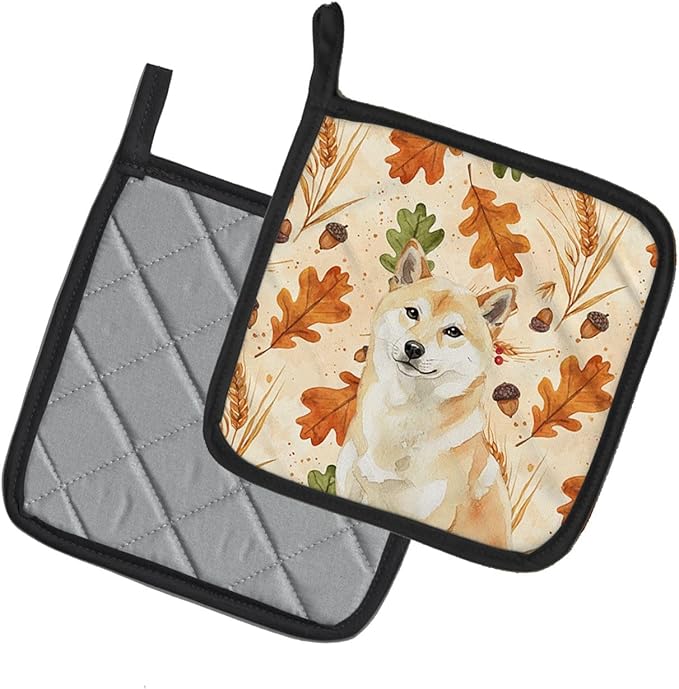 Caroline's Treasures Cream Shiba Inu Heirloom Fall Pair of Pot Holders Pair 7.5x7.5 Quilted Insulated Hot Pads Decorative Kitchen Gift Made in USA