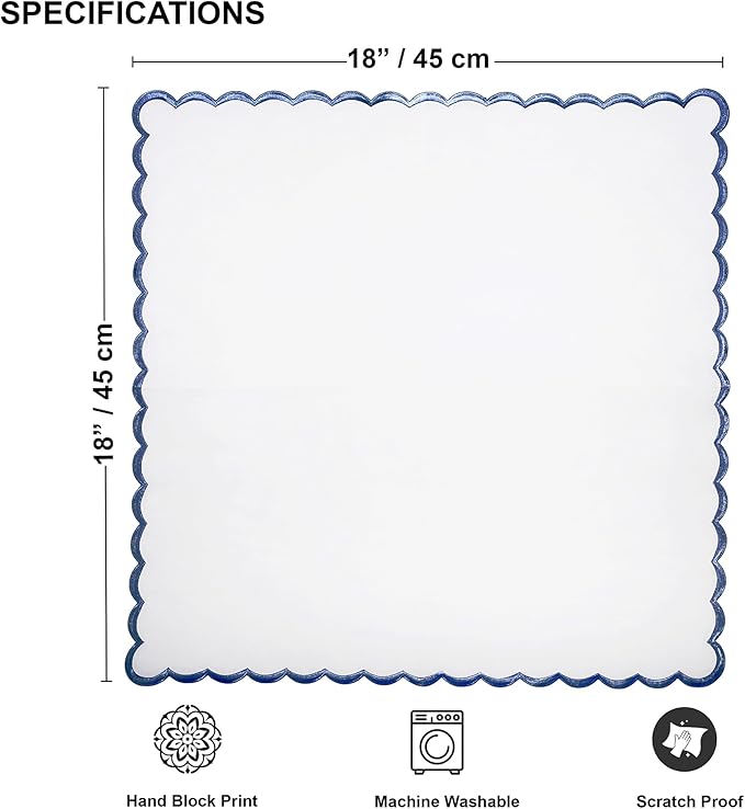 Ridhi Cloth Napkins 100% Pure Cotton Farmhouse Wedding Dinner Napkins Gift for Spring, Easter, Valentine, Holiday, Everyday Napkin (4-18" x 18" White with Tanzanite Blue Edge)