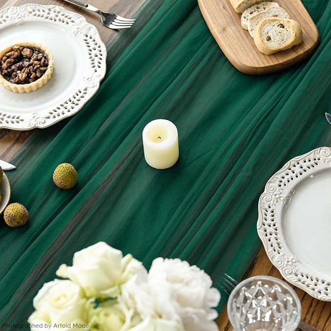 Artoid Mode Dark Green Gauze Table Runner 120 Inch 10FT, Seasonal Sheer Kitchen Dining Holiday Wedding Birthday Baby Shower Table Decor for Home Party