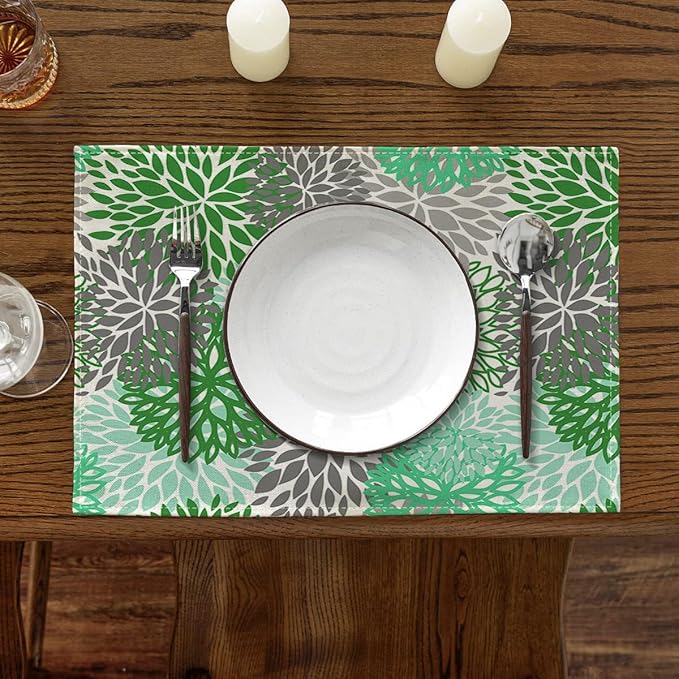 Ansouyi Placemats Set of 6, Green and Gray Dahlia Flower Washable Heat Resistant Linen Table Mats, Kitchen Decor Non-Slip Place Mats for Party Dining, 12x18 Inch