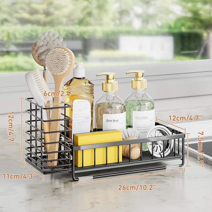 OVICAR Kitchen Sink Caddy Sponge Holder - Instant-Dry Sink Organizer with Brush Holder - Waterproof Soap Dispenser Non-Slip Countertop Organizer Storage for Kitchen Bathroom Black