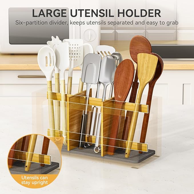 Yofidra Bamboo Utensil Holder & Silverware Organizer: Extra Large Cooking Holder with Absorbing Drying Stone and 6 Compartments Kitchen Countertop Storage Farmhouse Decor Accessories 11.8"X4.7"X5.9"