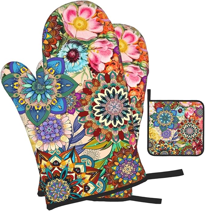 Boho Floral Oven Mitts and Pot Holders Sets, Heat Resistant Colorful Kitchen Gloves Hot Pads, Cute Baker Stuff, Chef Cooking Baking Gifts for Women Bakers, Kitchen Gifts for Cooking Lover Cooks Mom