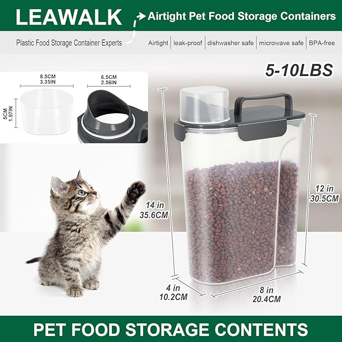 LEAWALK 5Lbs Airtight Cat Dog Food Storage Container with Upgraded Large Nozzle BPA-Free, Pet Food Storage Containers for Rice, Grain, Pet Food, Flour, Dog Treat Storage (Black×2, 5L-2pack)