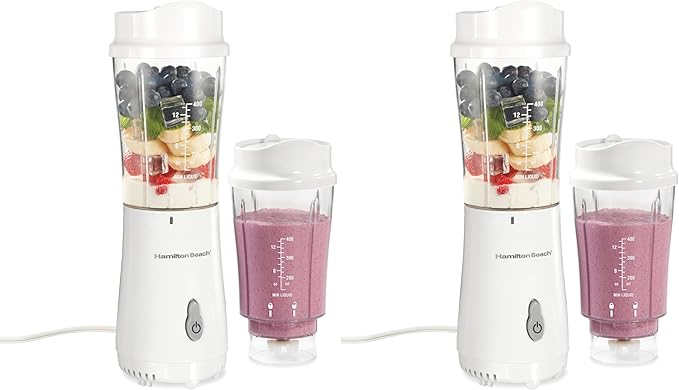 Hamilton Beach Portable Blender for Shakes and Smoothies,14 Oz BPA Free Travel Cup & Lid,Durable Stainless Steel Blades,Personal Smoothie Blender,2 Jars - White (51102V),(Pack of 2)